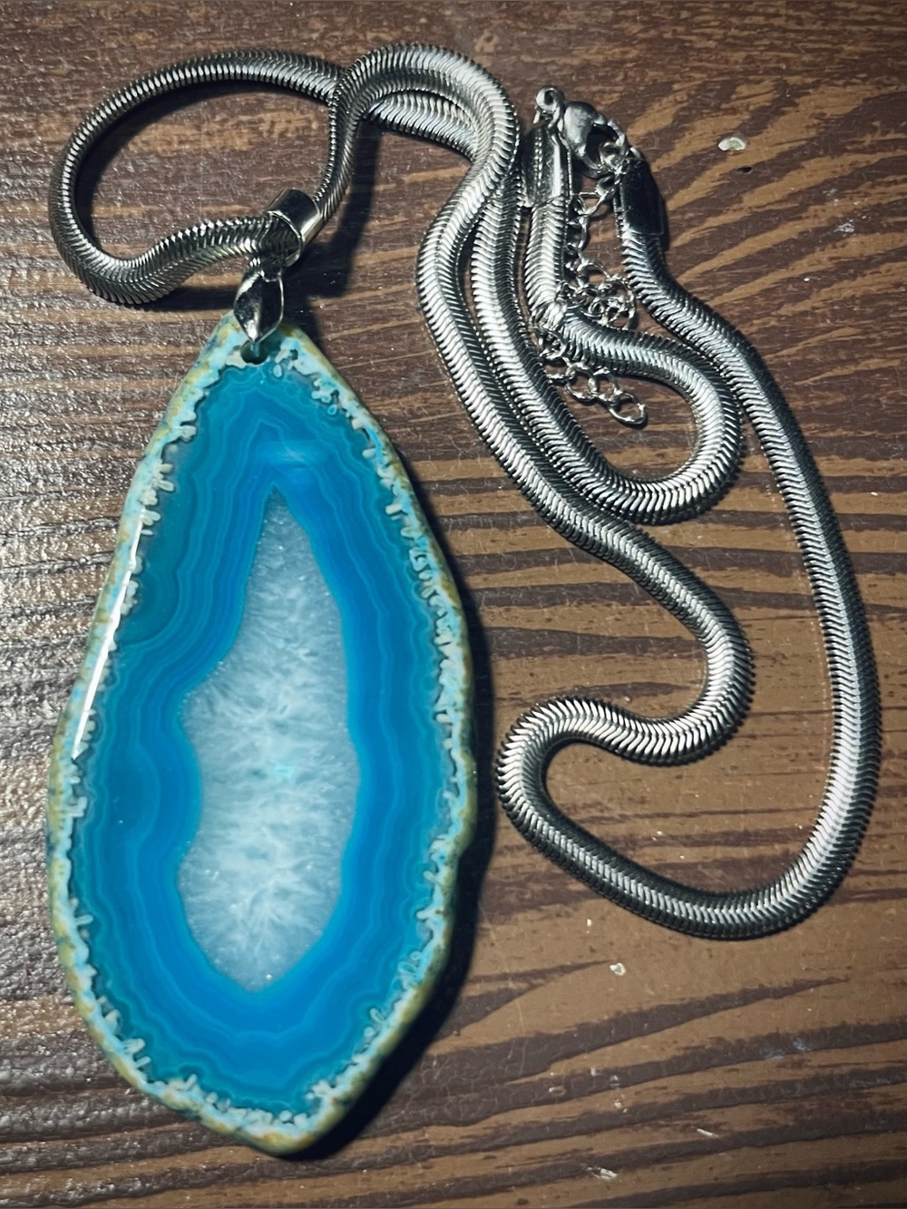Blue Agate Slice Silver Chain Necklace